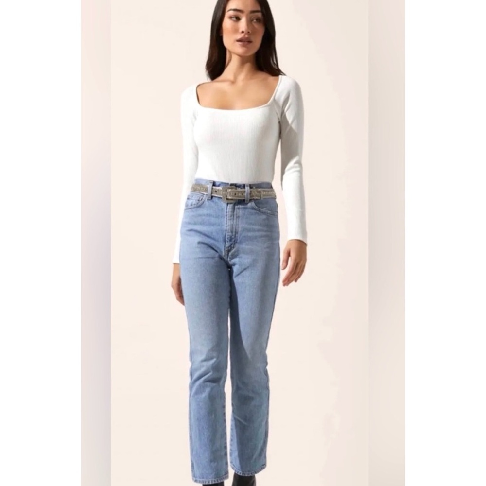 ASTR THE LABEL RIBBED BODYSUIT LARGE WHITE LONG SLEEVE SNAP CROTCH PREPPY NWOT